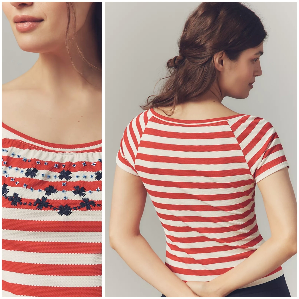 Anthropologie, Maeve Embroidered Flowers Scoop-Neck Top In Red And White Stripe - Picture 2 of 2